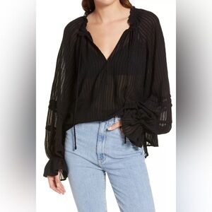 Free People Womens Black Out of Town Split Neck Blouse, Size XS